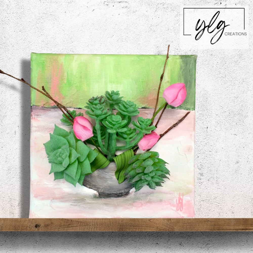 Succulent Plant Painting Original Acrylic Pink Green 6x6 Canvas Mixed Media